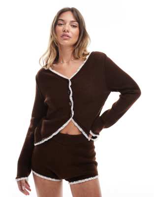 Miss Selfridge - Strickjacke in Schokobraun mit Spitzenborte, Kombiteil-Rosa
