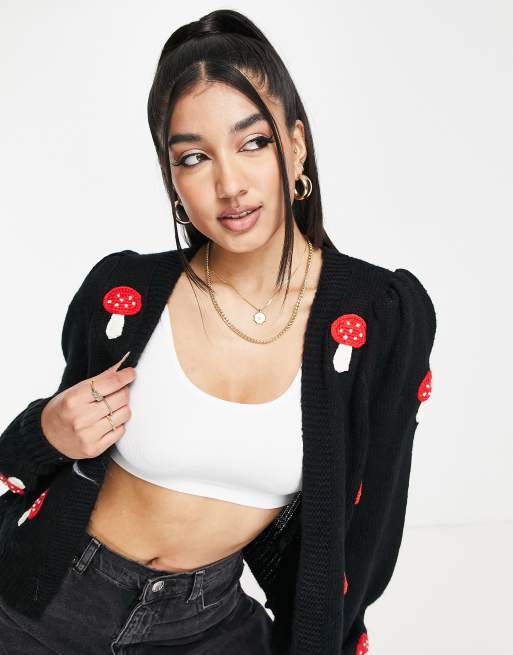 Miss Selfridge – Strickjacke in Schwarz mit 3D-Fliegenpilzen 
