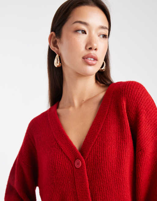 Miss Selfridge – Strickjacke in Tomatenrot mit breiten Manschetten und V-Ausschnitt, 3 von 4