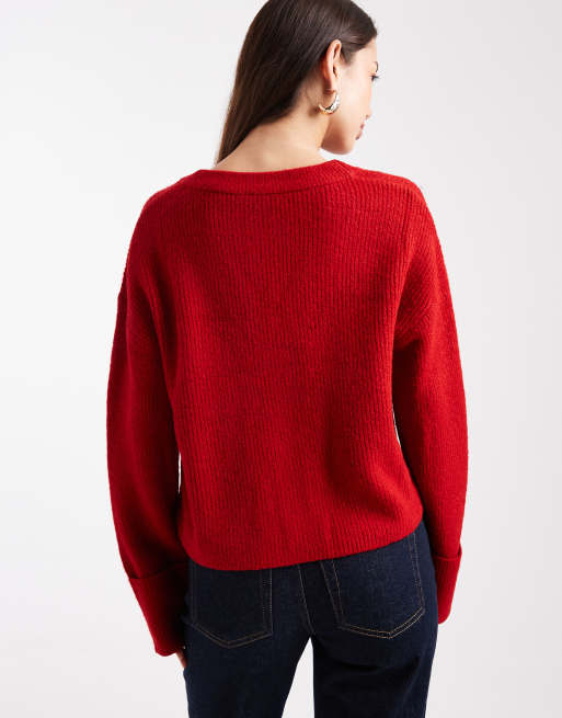 Miss Selfridge – Strickjacke in Tomatenrot mit breiten Manschetten und V-Ausschnitt, 4 von 4
