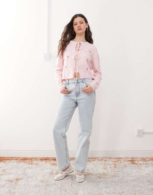 Miss Selfridge – Strickjacke in Zartrosa mit Blumenverzierung, 4 von 4