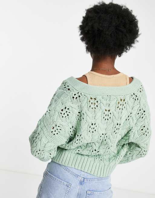 Miss Selfridge – Strickjacke mit grob- und weitmaschigem Design in Salbeigrün , 2 von 4