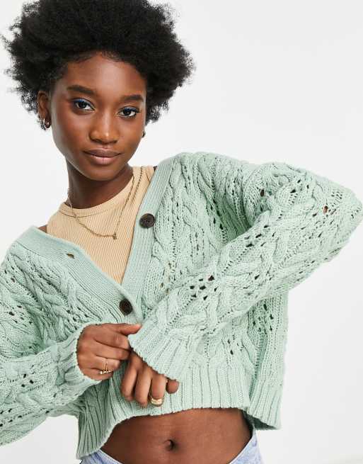 Miss Selfridge – Strickjacke mit grob- und weitmaschigem Design in Salbeigrün , 3 von 4