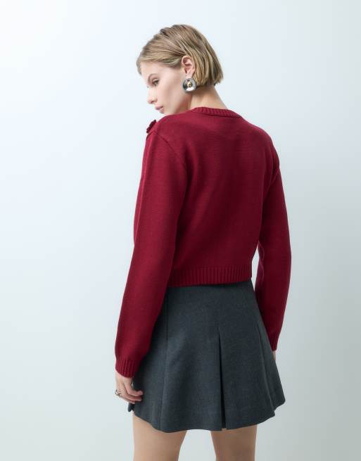 Miss Selfridge Strickjacke mit Knopfleiste und Blumenmuster in Burgunderrot, 3 von 5