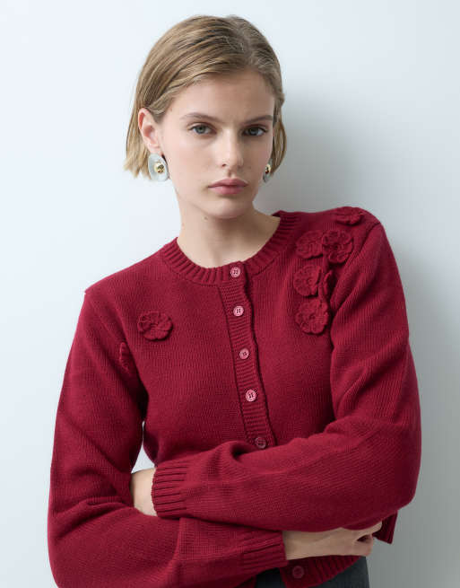 Miss Selfridge Strickjacke mit Knopfleiste und Blumenmuster in Burgunderrot, 4 von 5