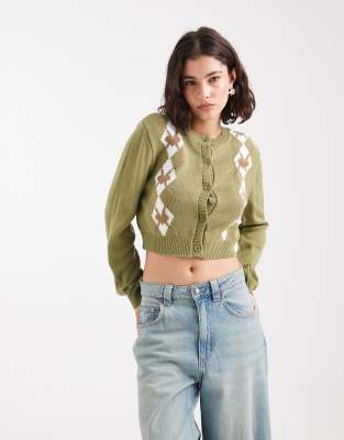 Miss Selfridge - Strickjacke mit Rautendetails in Oliv-Grün
