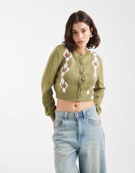 Miss Selfridge – Strickjacke mit Rautendetails in Oliv - view 1