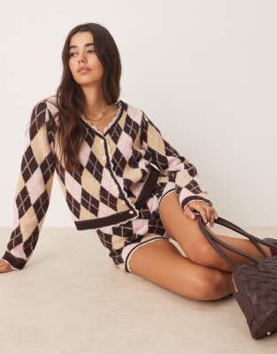 Miss Selfridge - Strickjacke mit Rautenmuster und Spitzenbesatz, Kombiteil-Bunt