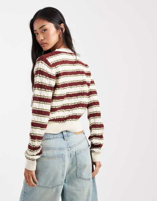 Miss Selfridge – Strickjacke mit Streifen, Rundhalsausschnitt und Zopfmuster, 3 von 4
