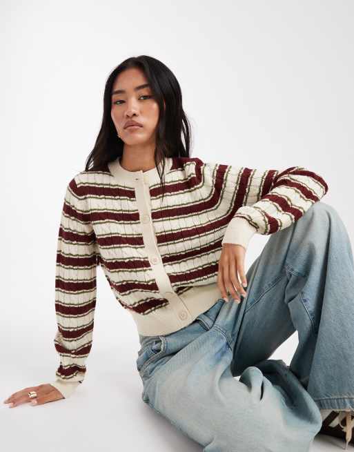 Miss Selfridge – Strickjacke mit Streifen, Rundhalsausschnitt und Zopfmuster, 4 von 4