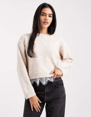 Miss Selfridge - Strickpullover in Beige mit Spitzensaum-Neutral