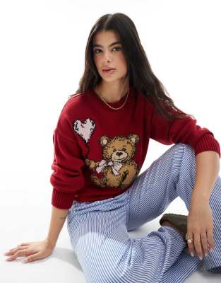 Miss Selfridge - Strickpullover in Rot mit Teddy-Schleifen-Motiv-Braun