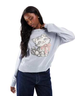 Miss Selfridge - Strickpullover mit Katzen-Schleifenprint-Blau