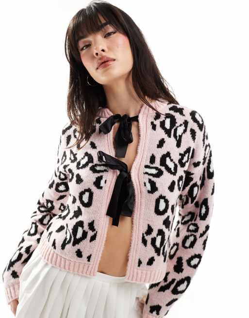 Miss Selfridge - Strikket cardigan med bånddetaljer og leopardprint i lyserød
