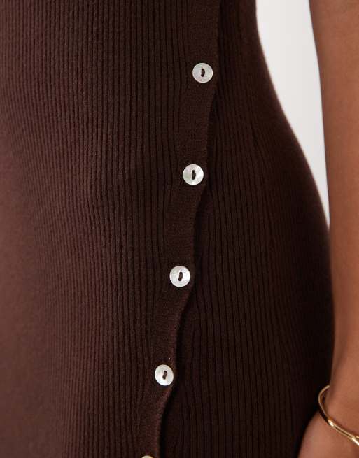Miss Selfridge strikket midikjole med mandarinkrave og bindebånd i siden i chokolade, 3 af 4