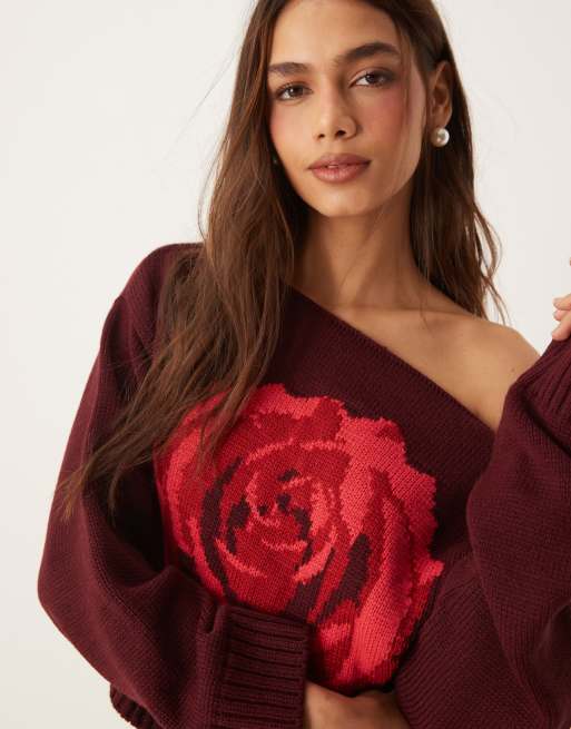 Miss Selfridge - Strikket og løstsiddende offshoulder-trøje med rosemotiv, 4 af 4