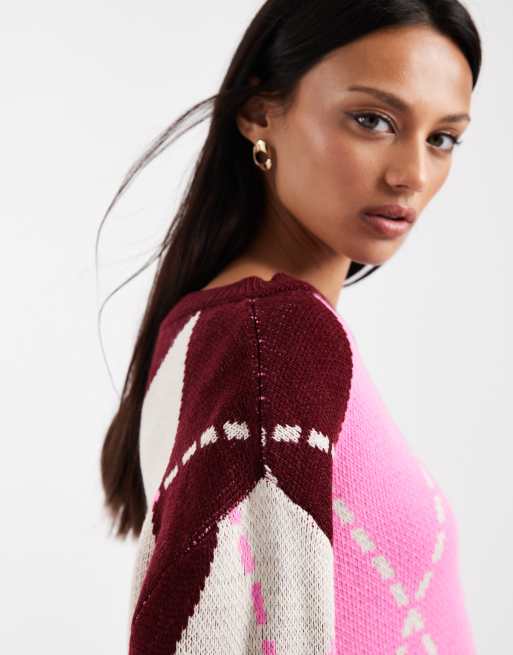 Miss Selfridge - Strikket oversized trøje med lyserøde argyle-tern, 4 af 4