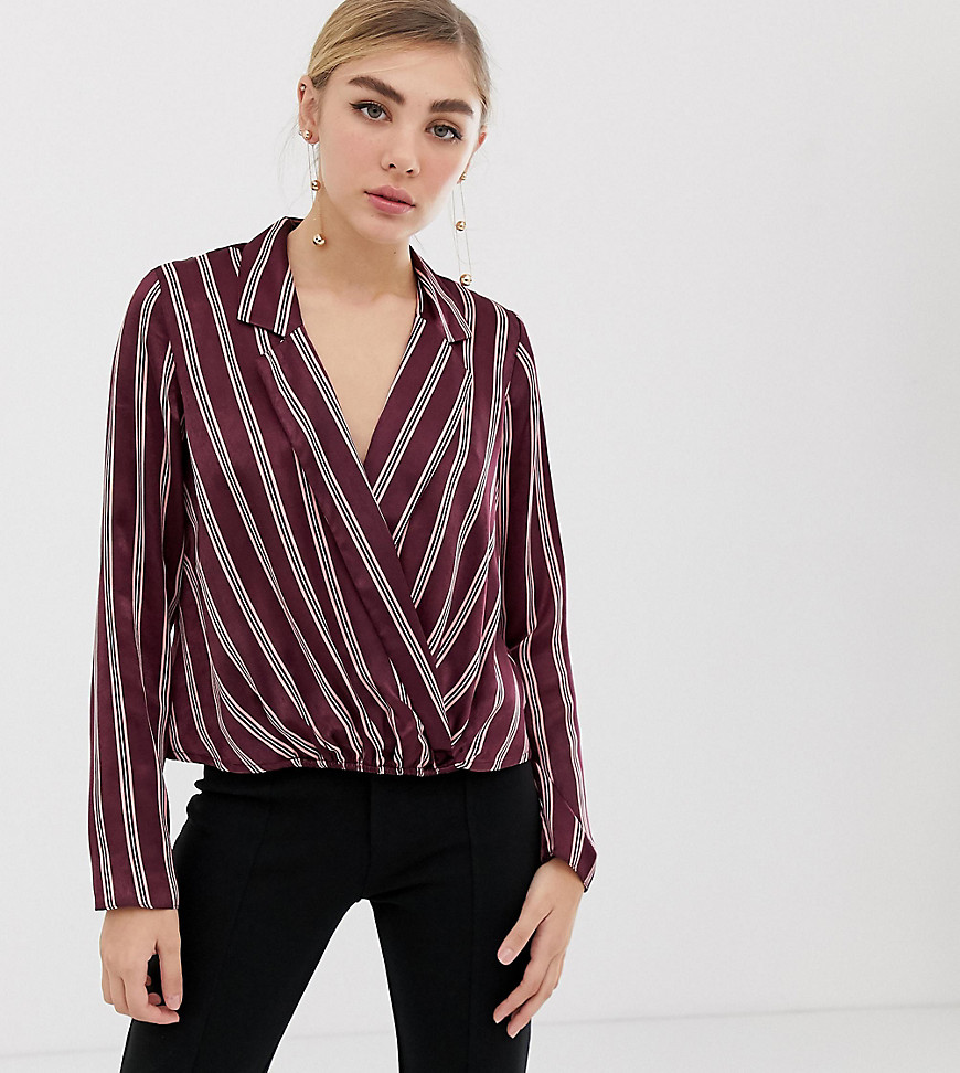Miss Selfridge stripe blouse with deep v-neck in burgundy-Red