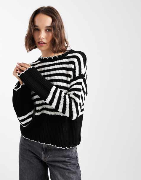 Miss Selfridge stripe chunky jumper in black and white - view 1
