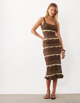 Miss Selfridge Stripe Crochet Maxi Dress In Brown