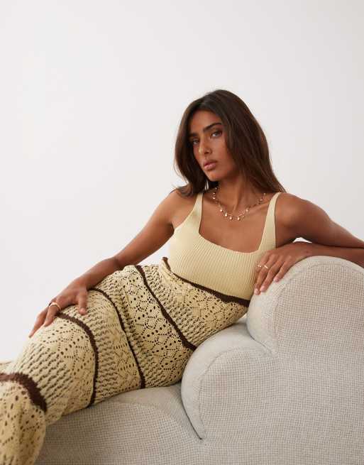 Miss Selfridge stripe crochet maxi dress in butter, 3 of 4