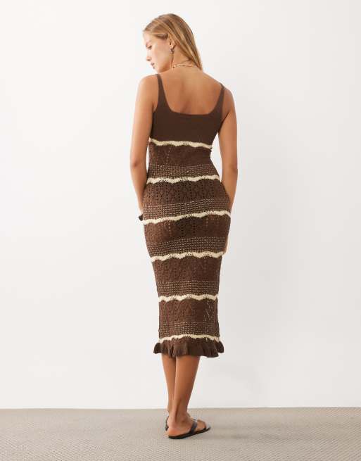 Miss Selfridge stripe crochet midi dress in brown, 4 of 4