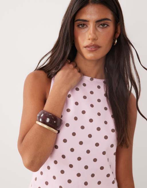 Miss Selfridge stripe denim shift dress in pink polka dot, 3 of 4