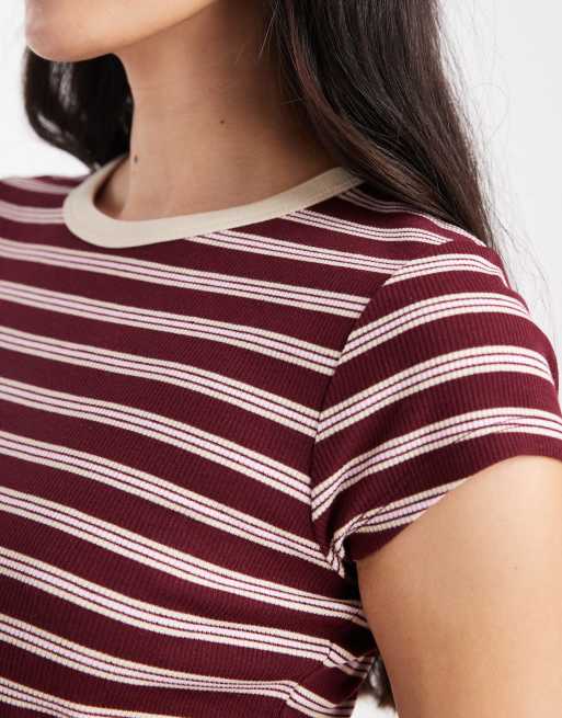 Miss Selfridge stripe fitted tshirt co ord in burgundy, 3 of 4