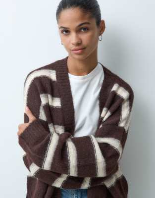 Miss Selfridge Stripe Fluffy Edge To Edge Cardigan In Brown