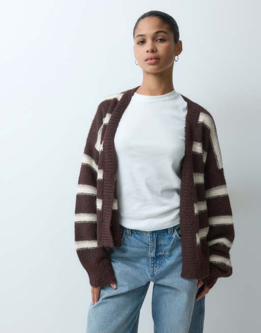 Miss Selfridge stripe fluffy edge to edge cardigan in chocolate, 3 of 4
