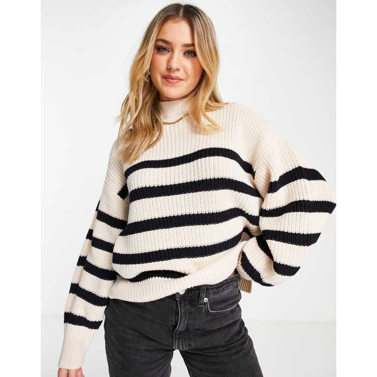 Light Grey Stripe Roll Neck Split Hem Jumper