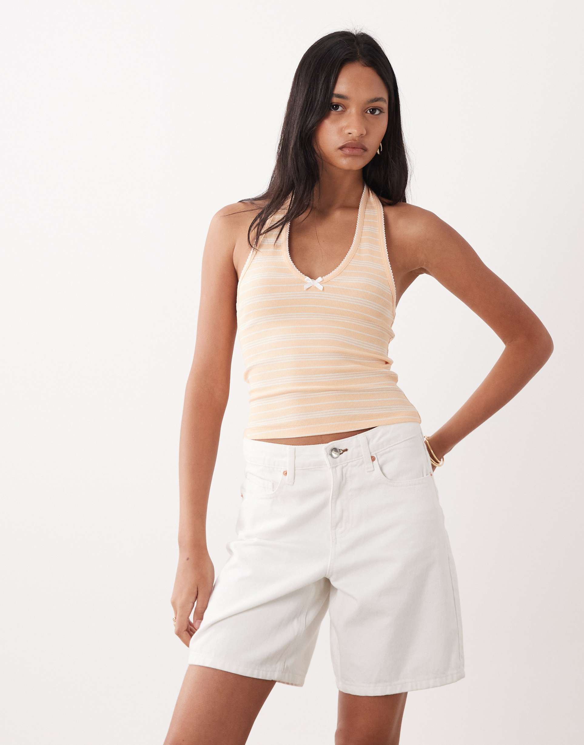 miss selfridge stripe halterneck top with picot trim detail