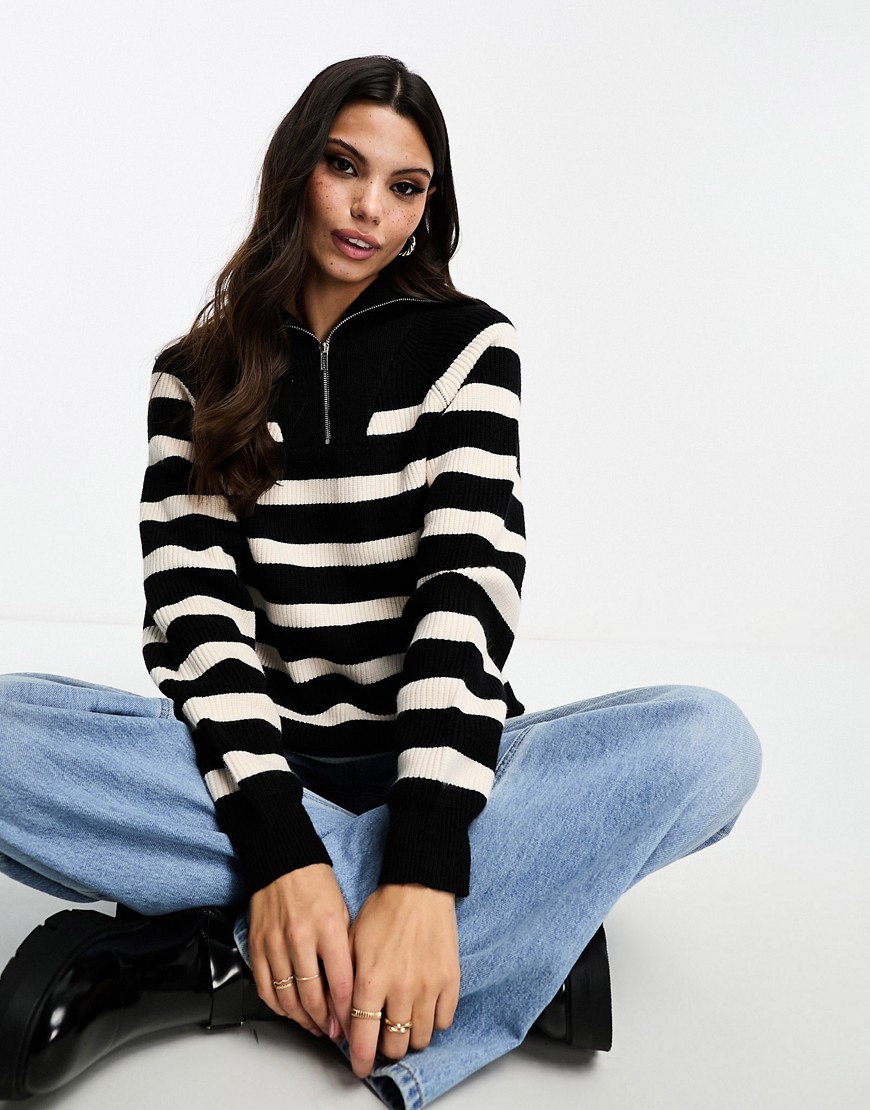 Miss Selfridge stripe knit half zip jumper in black stripe