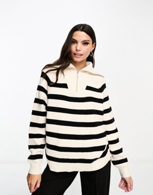 Miss Selfridge stripe knit half zip jumper in cream stripe