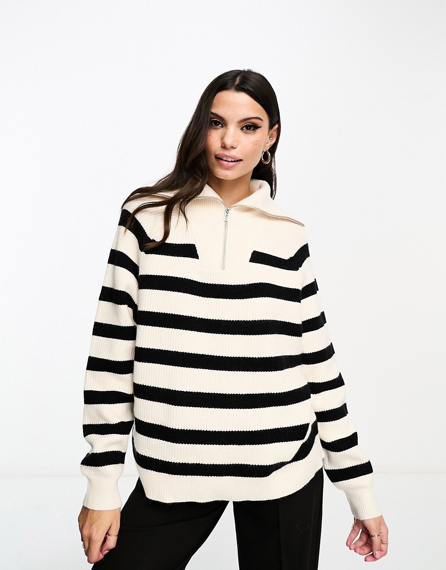 Miss Selfridge stripe knit half zip jumper in cream stripe-White