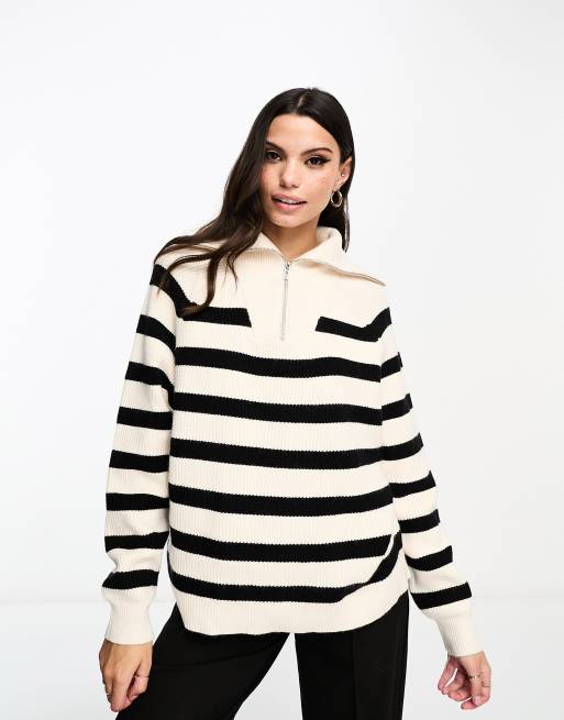 Miss Selfridge stripe knit half zip jumper in cream 