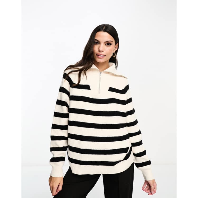 Miss Selfridge stripe knit half zip sweater in cream stripe