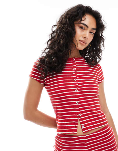 Miss Selfridge stripe ribbed button up top - view 1