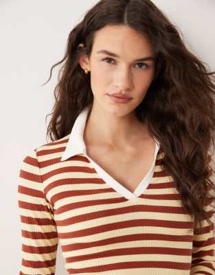 Miss Selfridge Stripe Ribbed Long Sleeve Polo Top-multi In Brown