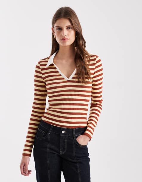 Miss Selfridge stripe ribbed long sleeve polo top - view 1