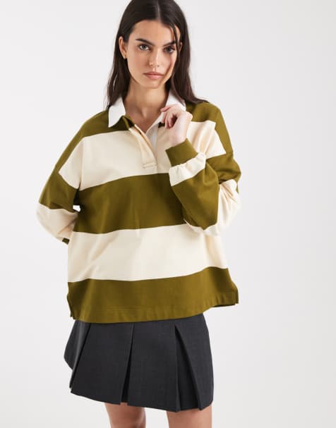 Miss Selfridge stripe rugby top in olive and buttermilk - view 1