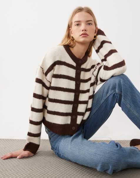 Miss Selfridge stripe slouchy cardigan in cream and chocolate - view 1