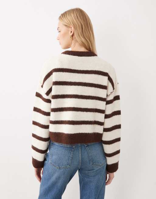 Miss Selfridge stripe slouchy cardigan in cream and chocolate, 3 of 4