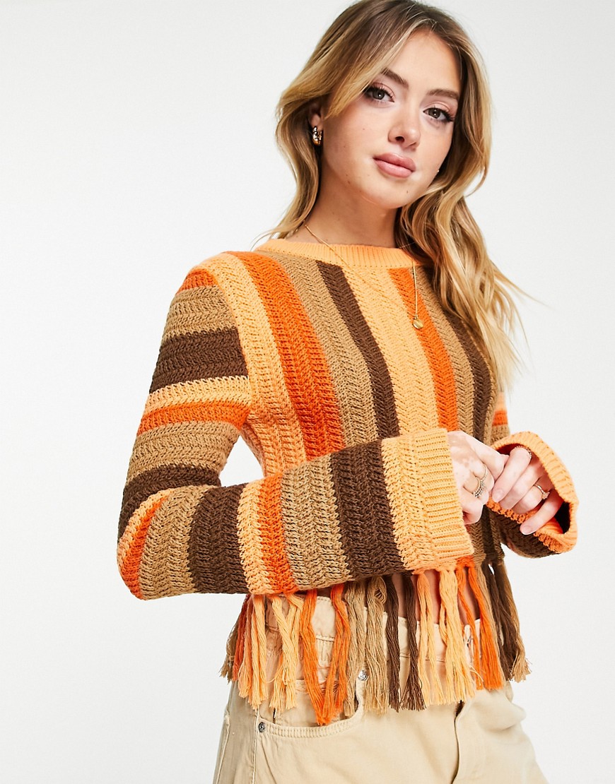 Miss Selfridge stripe tassle crop sweater in multi