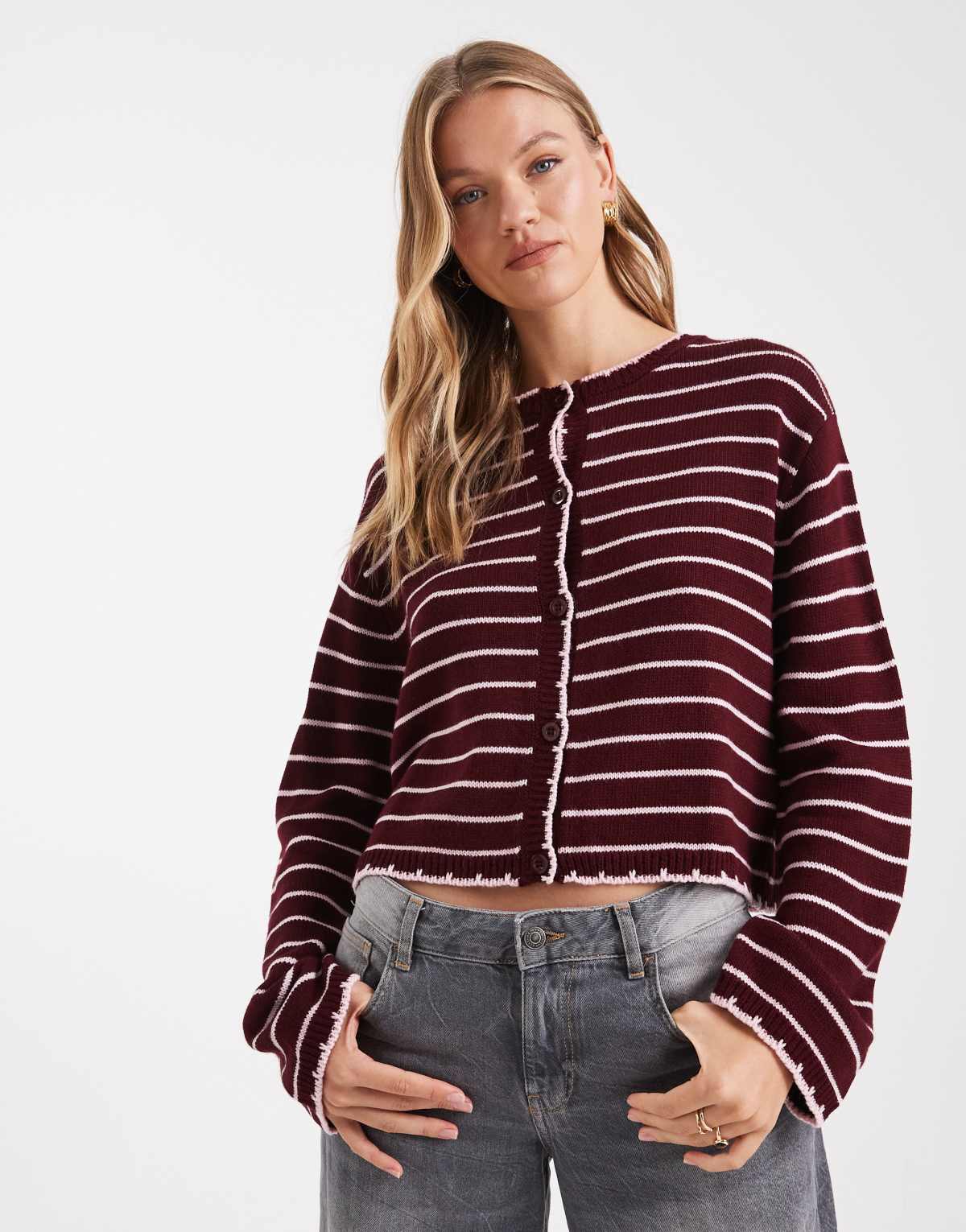 Miss Selfridge striped blanket stitch cardigan in burgundy