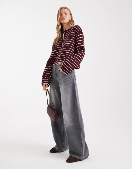 Miss Selfridge striped blanket stitch cardigan in burgundy, 2 of 4