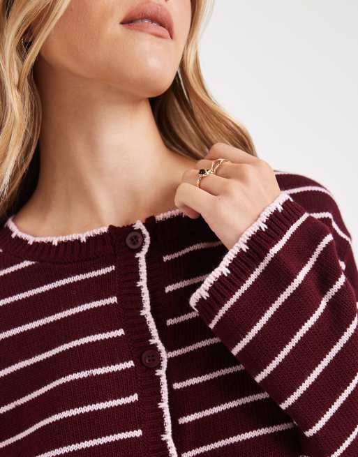 Miss Selfridge striped blanket stitch cardigan in burgundy, 3 of 4