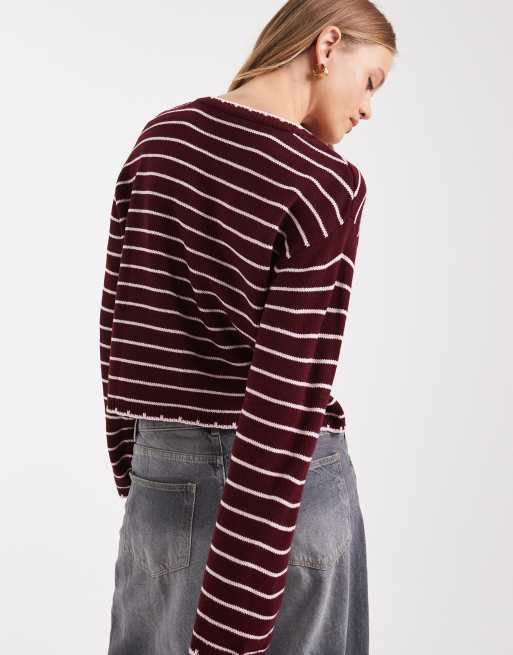 Miss Selfridge striped blanket stitch cardigan in burgundy, 4 of 4