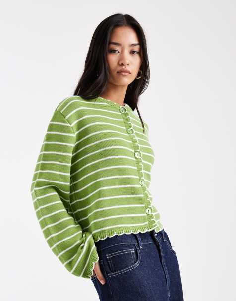 Miss Selfridge striped blanket stitch cardigan in green - view 1