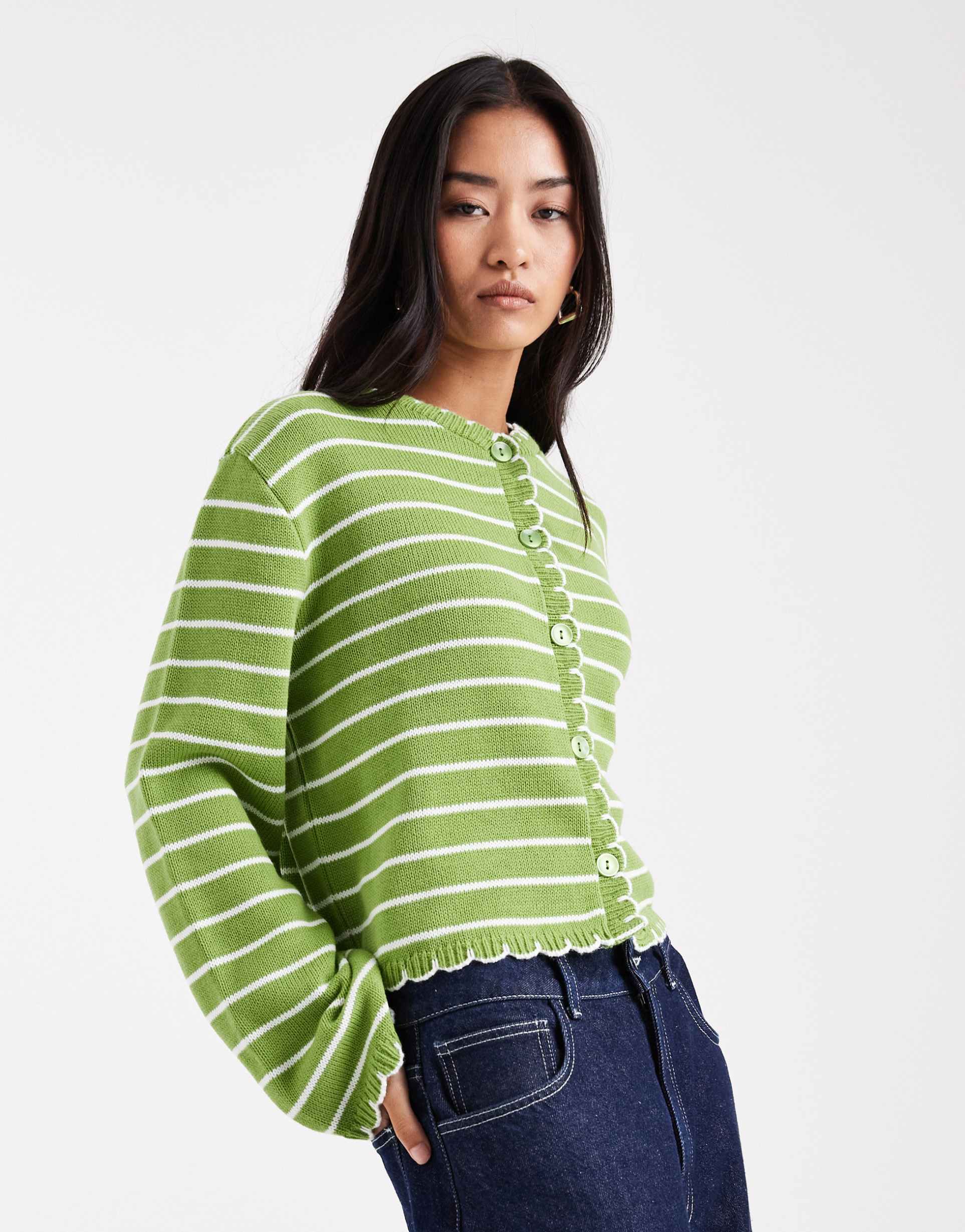 miss selfridge striped blanket stitch cardigan in green